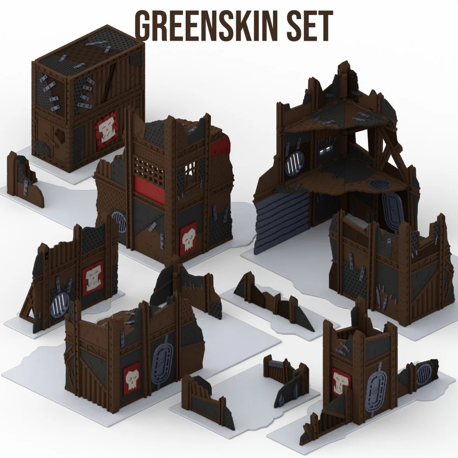 The full Greenskin set: scrap-built wooden buildings, ruins and containers